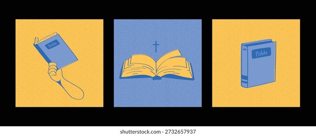 Moderna tarjeta de fe de Pascua con Biblia en la mano, Escritura abierta e iconos cristianos mínimos