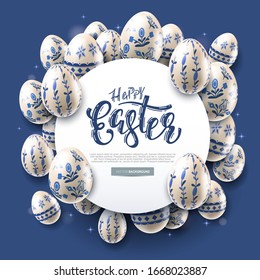 Modern Easter folk background. Eggs with traditional floral pattern on blue background
