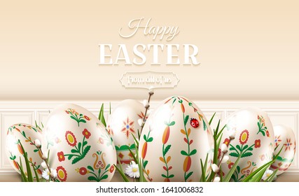 Modern Easter folk banner. Eggs with traditional floral pattern.