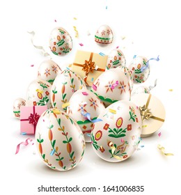 Modern Easter folk greeting card. Eggs with traditional floral pattern.