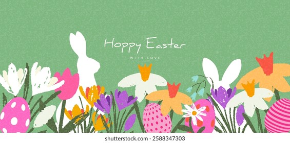 Modern Easter greeting card, banner with hand drawn spring flowers, eggs and Easter bunny. Floral designe template for web, ads poster, promo, sales