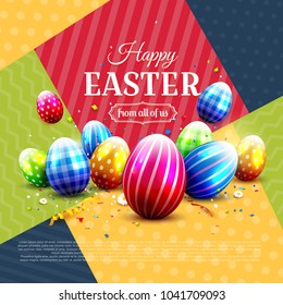 Modern Easter greeting card with colorful Easter eggs on modern geometric background
