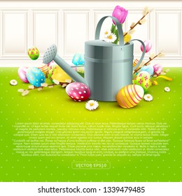 Modern Easter greeting card with colorful eggs and watering can. Place for your text