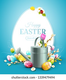 Modern Easter greeting card with colorful eggs and watering can on blue background.