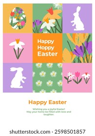 Modern Easter greeting card, poster, banner with hand drawn spring flowers, eggs and Easter bunny. Floral designe template for web, ads, promo, sales