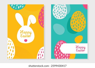 A modern Easter greeting card set with vibrant colors, bunny silhouettes, and stylish typography. Perfect for holiday wishes, invitations, and festive digital designs