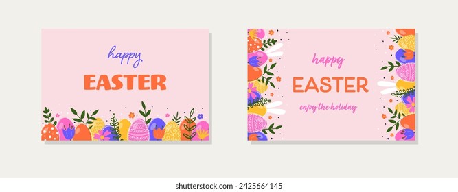 Modern Easter greeting cards set. Colourful background with hand painted eggs, bunnies and flowers. Vector illustration 