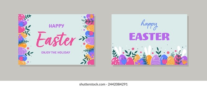 Modern Easter greeting cards set. Colourful background with hand painted eggs, bunnies and flowers. Vector illustration 