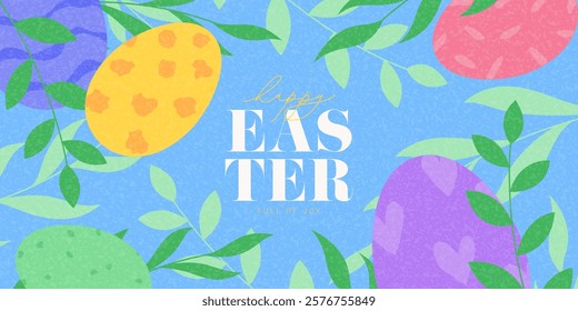 Modern Easter holiday banner. Creative Easter vector illustration with Easter eggs, spring plants. Holiday background for design of party, celebration, ad, branding, cover, card, sale.