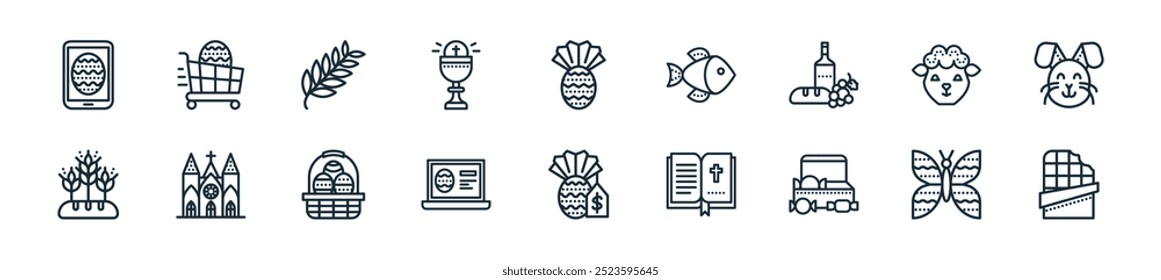 modern easter icon pack. perfect for linear ui designs featuring vector chote bar, butterfly, chote box, bible, easter egg, laptop, basket and more icons for mobile and web apps.