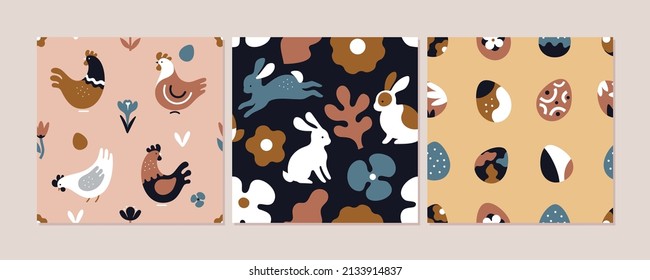 Modern Easter Patterns Collection. Vector cartoon illustration with three  trendy flat seamless Easter themed patterns with Easter eggs, bunnies, chickens and flowers. Boho colours