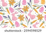 Modern Easter seamless pattern with egg, rabbit, carrot, spring flowers. Happy Easter pattern in flat style for background, kids textiles, posters, banners, greeting cards. Vector illustration.