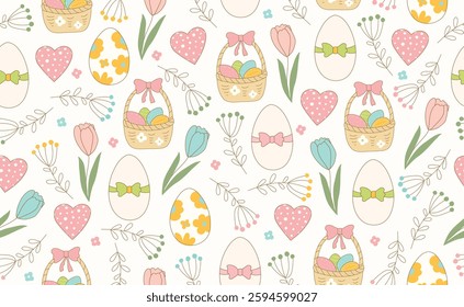 Modern Easter seamless pattern with egg, spring flowers, tulip, heart, basket. Happy Easter pattern in flat style for background, kids textiles, posters, banners, greeting cards. Vector illustration.