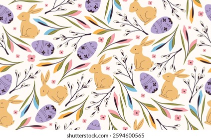 Modern Easter seamless pattern with egg, crocus, willow, rabbit, spring flowers. Happy Easter pattern in flat style for background, kids textiles, posters, banners, greeting cards. Vector illustration