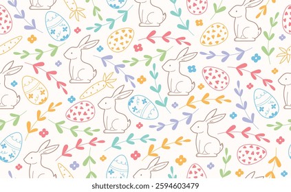 Modern Easter seamless pattern with egg, rabbit, spring flowers. Happy Easter pattern in flat style for background, kids textiles, posters, banners, greeting cards. Vector illustration.