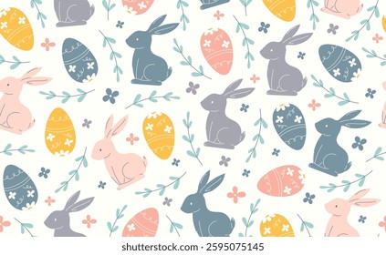 Modern Easter seamless pattern with egg, rabbit, spring flowers. Happy Easter pattern in flat style for background, kids textiles, posters, banners, greeting cards. Vector illustration.