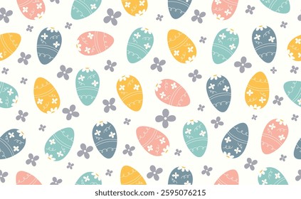 Modern Easter seamless pattern with egg, spring flowers, daisy. Happy Easter pattern in flat style for background, kids textiles, posters, banners, greeting cards. Vector illustration.