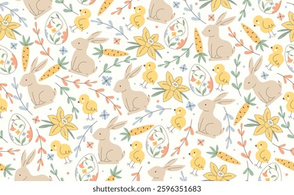 Modern Easter seamless pattern with egg, rabbit, carrot, spring flowers. Happy Easter pattern in flat style for background, kids textiles, posters, banners, greeting cards. Vector illustration.