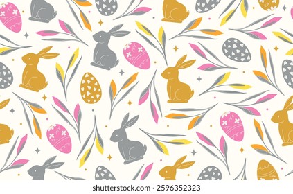 Modern Easter seamless pattern with egg, rabbit, spring flowers. Happy Easter pattern in flat style for background, kids textiles, posters, banners, greeting cards. Vector illustration.