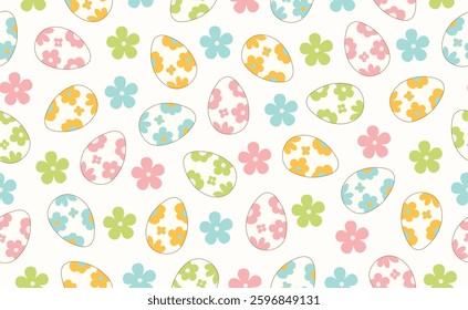 Modern Easter seamless pattern with egg, spring flowers, daisy. Happy Easter pattern in flat style for background, kids textiles, posters, banners, greeting cards. Vector illustration.