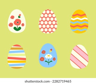 Modern Easter set eggs with pattern. Vector illustration of abstract Easter eggs in contemporary flat minimalist style. Concept design elements for holiday cards. Collection with different texture.