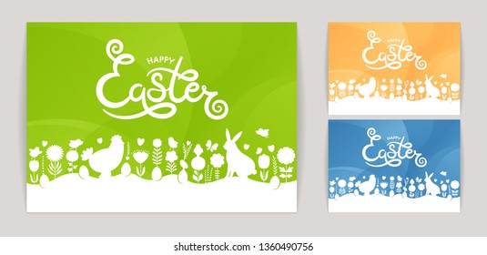 Modern Easter. Set of modern Happy Easter cards. Hand drawn Happy Easter lettering with Easter design elements on abstract background.