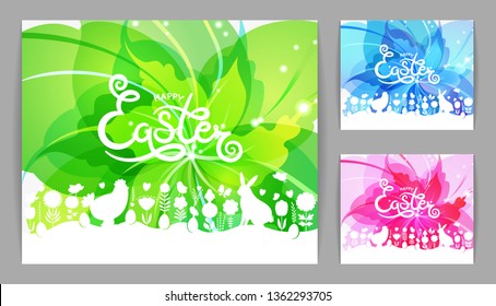Modern Easter. Set of modern Happy Easter cards. Hand drawn Happy Easter lettering with Easter design elements on abstract flower background.