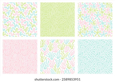 Modern Easter spring seamless vector patterns set. Continuous doodle uneven hand drawn wavy organic lines, blobs blotches natural shapes. Fluid chaotic groovy endless backgrounds collection.