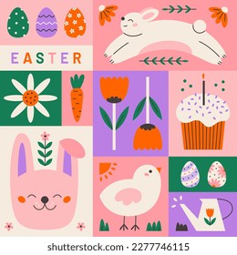 Modern Easter themed poster design. Colorful flat geometric vector illustration.