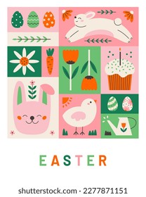 Modern Easter themed poster design. Colorful flat geometric vector illustration. 