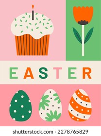 Modern Easter themed poster design with eggs and cake. Colorful flat geometric vector illustration. 