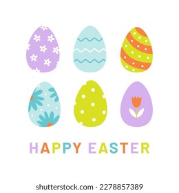 Modern Easter themed poster design with decorated eggs. Colorful flat geometric vector illustration.