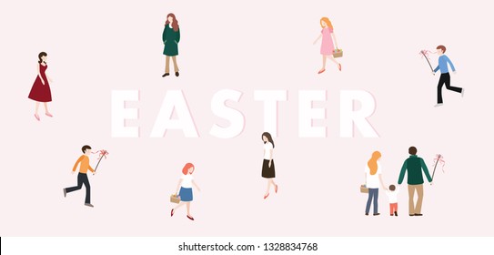 Modern Easter web banner. Boys with whip chasing the girls with colorful Easter eggs. Family,  people walking. European Czech and Slovak tradition. Spring concept. Flat design, vector illustration.