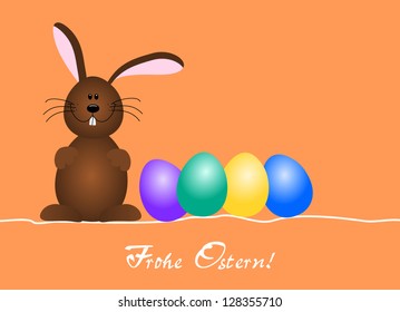 modern easter-rabbit sitting on a line with happy-colored easter-eggs/happy brown rabbit with colored eggs/happy easter greeting-card with orange background