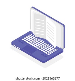 Modern ebook concept. Laptop with flying book in laptop. E-books, internet courses and graduation process. Vector illustration Book Education