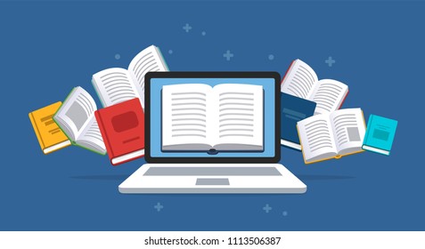 Modern ebooks concept. Laptop with the flying books on the background.
E-books, internet courses and graduation process. Vector illustration in flat style.