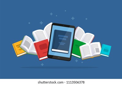 Modern ebooks concept. Tablet with the flying books on the background.
E-books, internet courses and graduation process. Vector illustration in flat style.