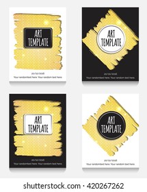 Modern eclectic flyer, poster, card template with golden background. Vintage dotted shadows, glamourous shiny golden caged background, minimalistic framing and casual text.
