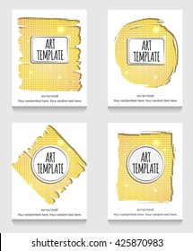 Modern eclectic flyer, poster, card template with golden background. Vintage dotted shadows, glamourous shiny golden caged background, minimalistic framing and casual text.