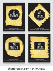 Modern eclectic flyer, poster, card template with golden background. Vintage dotted shadows, glamourous shiny golden caged background, minimalistic framing and casual text.