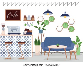 Modern eco cafe flat background composition with front view of bar counter table chairs and plants vector illustration