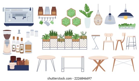 Modern eco cafe flat set of isolated icons with chairs tables coffee making supplies decorative plants vector illustration