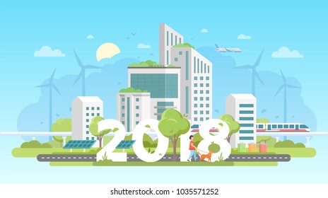 Modern eco city - colorful flat design style vector illustration on blue background. A composition with skyscrapers, train, bins, trees, solar panels, windmills, woman walking the dog, 2018 year sign