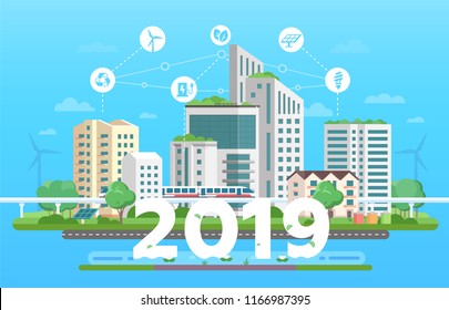 Modern eco city - colorful flat design style vector illustration on blue background. Skyscrapers, train, bins, solar panels, windmills, renewable energy, recycling infographic elements, 2019 year sign