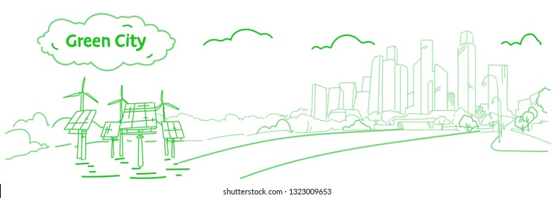 modern eco city with wind turbines and solar panels green energy concept skyscraper cityscape background sketch flow style horizontal banner