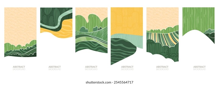 Modern eco design featuring green fields, rice, wheat, tea, corn, soybean, paddy. Abstract illustration with vintage texture, hill, mountain, landscape in watercolor. Sustainable, organic, aesthetic