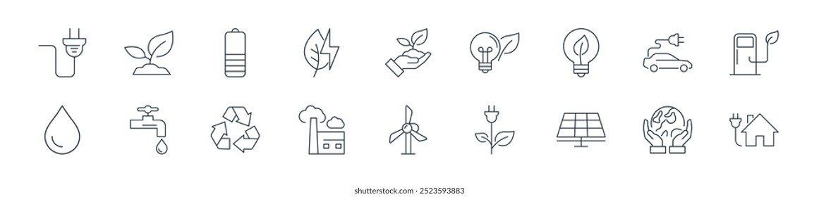 pacote de ícone de energia eco moderno. perfeito para projetos de iu linear com casa vetorial, mundo, energia solar, energia ecológica, moinho de vento, fábrica, reciclar e mais ícones para aplicativos móveis e da web.
