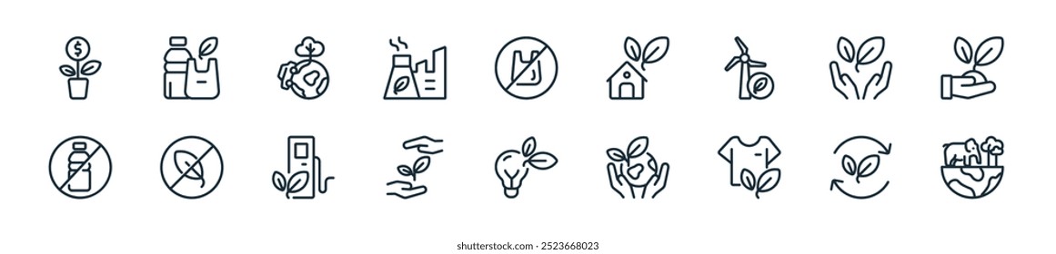 modern eco and environment icon pack. perfect for linear ui designs featuring vector eco earth, leaf, t shirt, eco earth, bulb, save plants, oil and more icons for mobile and web apps.