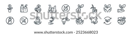 modern eco and environment icon pack. perfect for linear ui designs featuring vector eco earth, leaf, t shirt, eco earth, bulb, save plants, oil and more icons for mobile and web apps.
