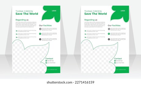 Modern eco flyer design vector template for print, in A4 size, abstract background,green leaf , environment design.